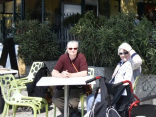 Caroline and mother at a cafe in Venice