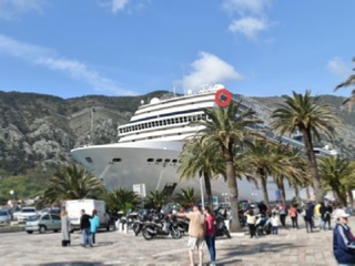 MSC Poeesia docked at Kotor. Our cabin is shown by the red circle