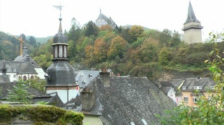 Vianden castle and bell tower from town walls